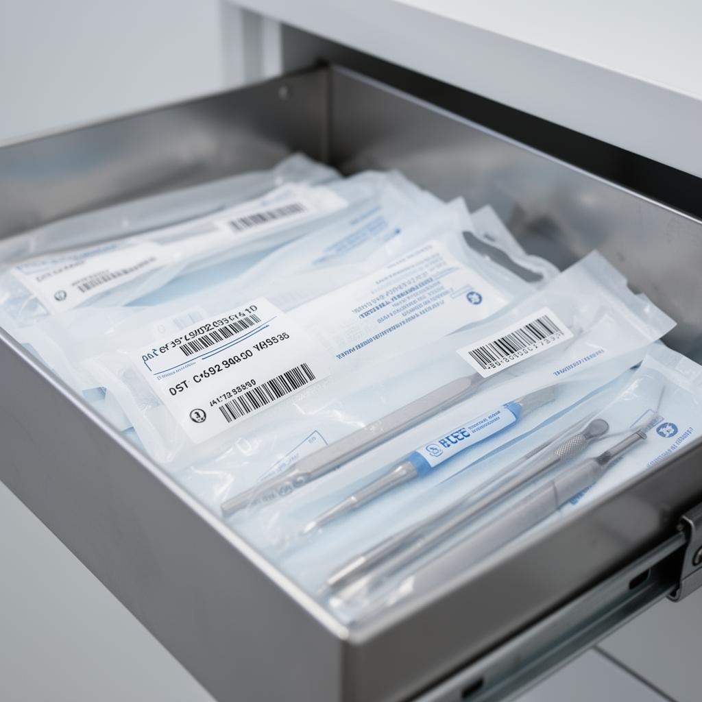 Sachets d'instruments stérilisés avec codes-barres et numéros de lot